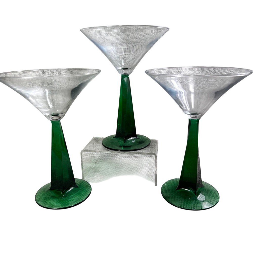 Bombay Emerald Green Twisted Pyramid Stem Martini Glasses Set of 3 Vintage